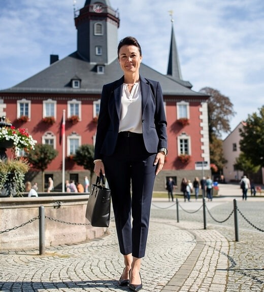 Selbstbewusste Immobilienmaklerin im Business-Outfit steht auf einem historischen Marktplatz vor einem Rathaus, Immobilienmakler in Kölleda, Haus verkaufen in Kölleda & Umgebung