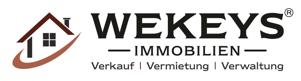 WEKEYS Immobilien logo with a stylised house and swoosh; German real estate services.