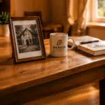 Gemütlicher Schreibtisch mit gerahmtem Hausfoto, WEKEYS-Tasse und Notizbuch als Symbol für die professionelle Begleitung bei geerbten Immobilien, Haus geerbt, Haus verkaufen Erbschaft Sachsen, Haus verkaufen Erbschaft Thüringen, Haus verkaufen Erbschaft Sachsen-Anhalt,