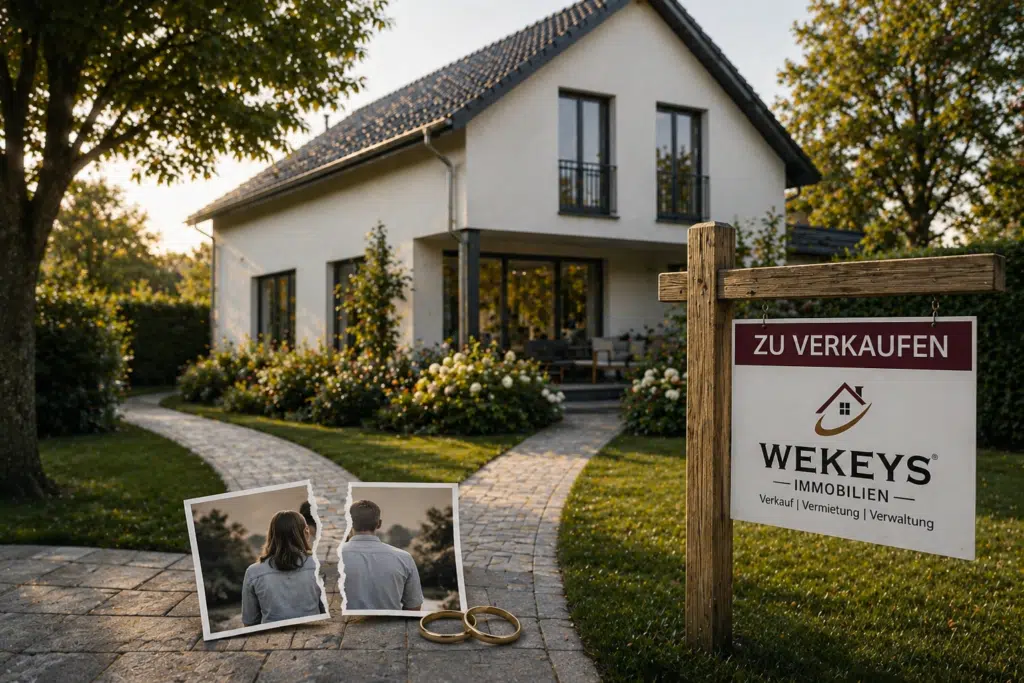 Einfamilienhaus mit WEKEYS-Verkaufsschild im Vorgarten. Auf dem Gehweg liegen ein zerrissenes Paarfoto und zwei Eheringe – Symbol für Immobilienverkauf nach Trennung oder Scheidung, Hausverkauf bei Scheidung, Haus verkaufen nach Trennung