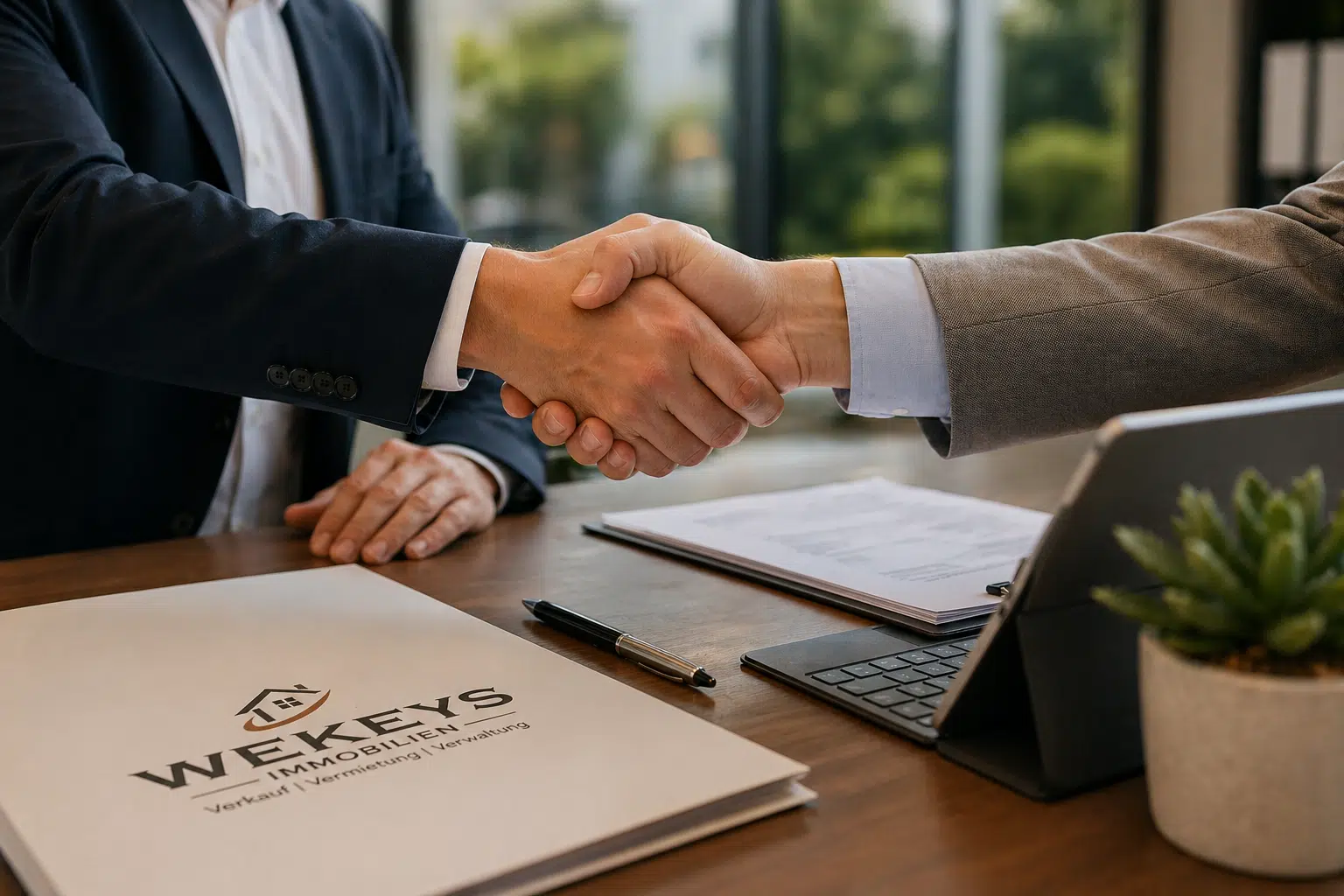 Handschlag zwischen Immobilienexperten und Kunden bei einem Beratungsgespräch mit Vertragsunterlagen und WEKEYS Immobilien im Vordergrund.