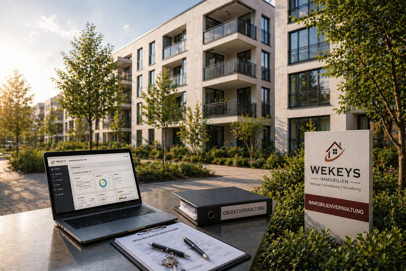 Professionelle Immobilienverwaltung mit digitaler Objektverwaltung, Vertragsunterlagen und Wohnanlage im Hintergrund.