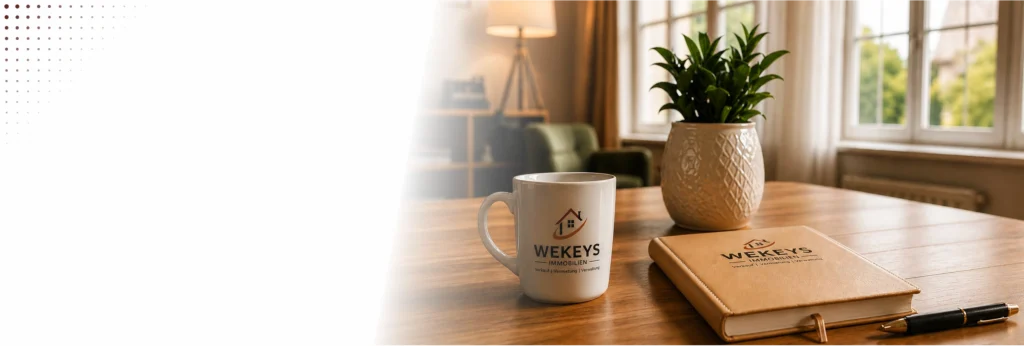 Modernes WEKEYS-Branding auf einem Schreibtisch mit Firmennotizbuch, Kugelschreiber und Kaffeetasse vor einer wohnlichen Innenraumkulisse mit Zimmerpflanze und großen Fenstern, Impressum