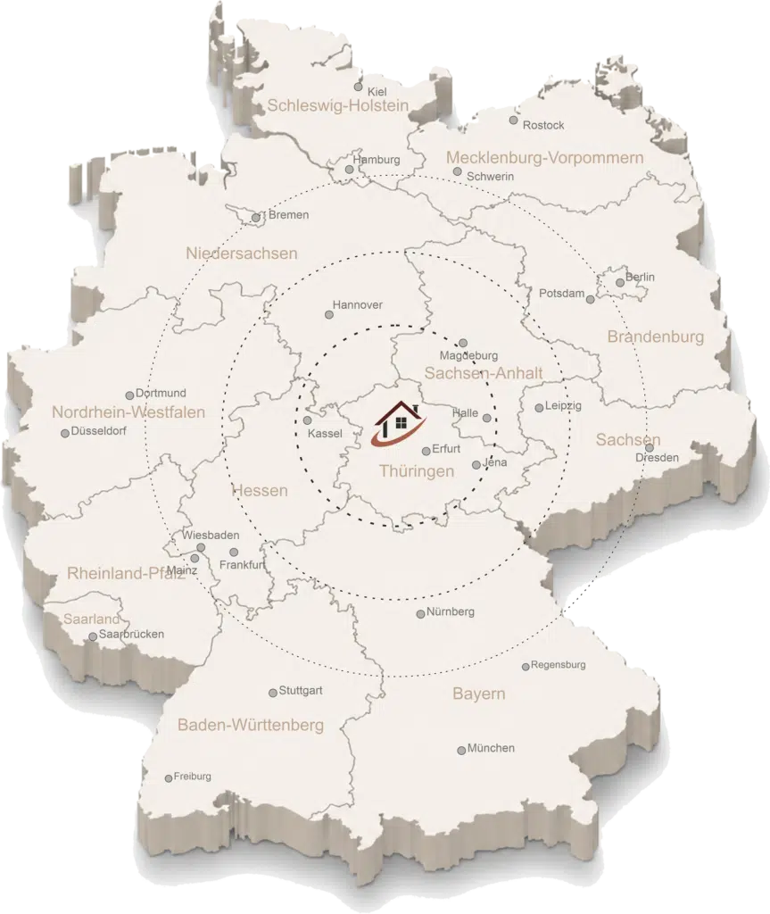 3D-Karte Deutschlands mit zentralem WEKEYS-Standort in Mitteldeutschland und konzentrischen Entfernungsradien zur Veranschaulichung des regionalen Einzugsgebiets.
