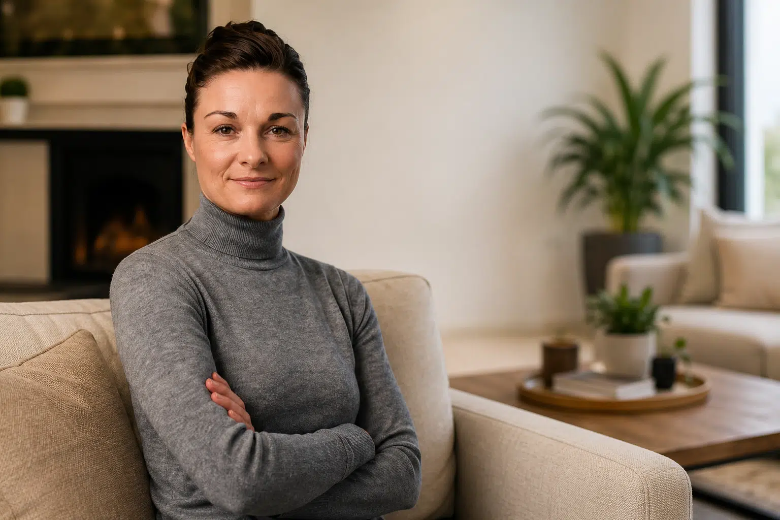 Porträt einer selbstbewussten Frau in einem modernen Wohnraum mit verschränkten Armen auf einem Sofa sitzend, vor einer stilvollen und gepflegten Wohnatmosphäre.