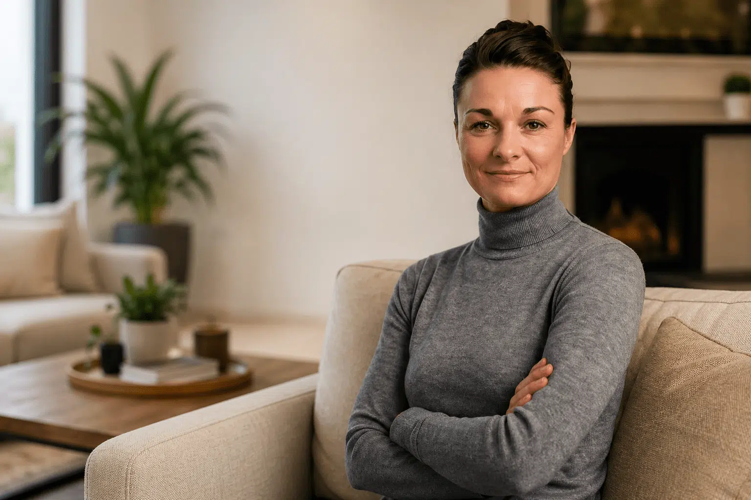 Porträt einer sympathischen Frau in einem modernen Wohnraum, die selbstbewusst und entspannt auf einem Sofa sitzt, Makler Kontakt