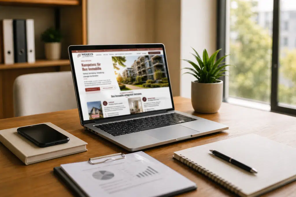 Laptop mit geöffneter Immobilienverwaltungs-Website auf einem modernen Schreibtisch als Symbol für digitale Services und professionelle Unterstützung für Hausverwalter, Service für Verwalter