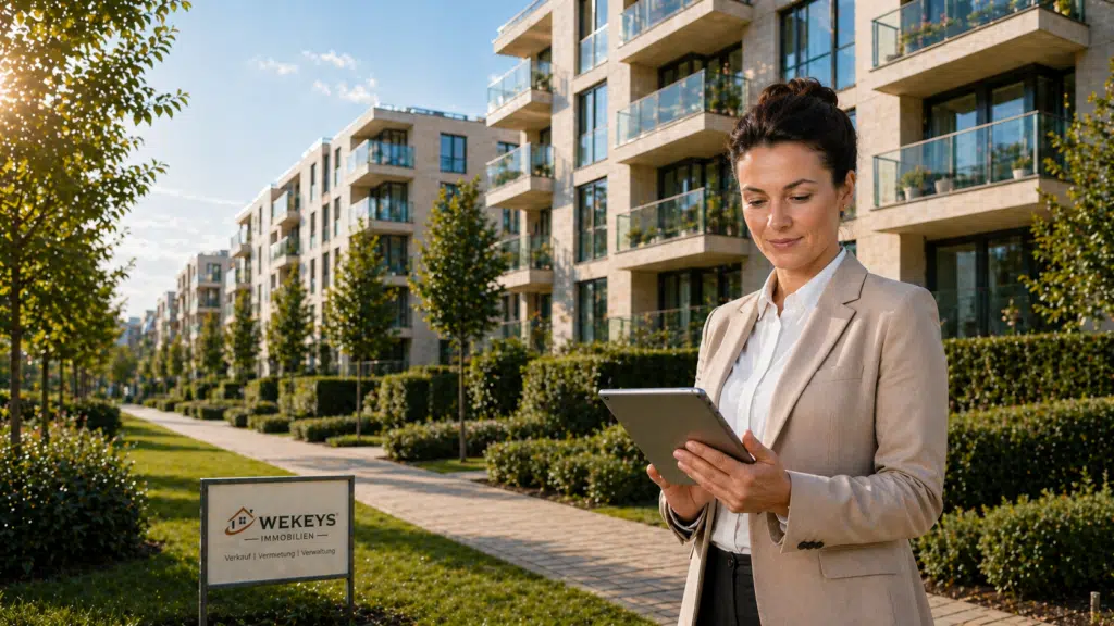 Immobilienverwalterin mit Tablet vor moderner Wohnanlage bei der digitalen Verwaltung von Wohnimmobilien, Immobilienverwaltung in Sachsen, Immobilienverwaltung in Sachsen-Anhalt, Immobilienverwaltung in Thüringen, Hausverwaltung in Sachsen, Hausverwaltung in Sachsen-Anhalt, Hausverwaltung in Thüringen
