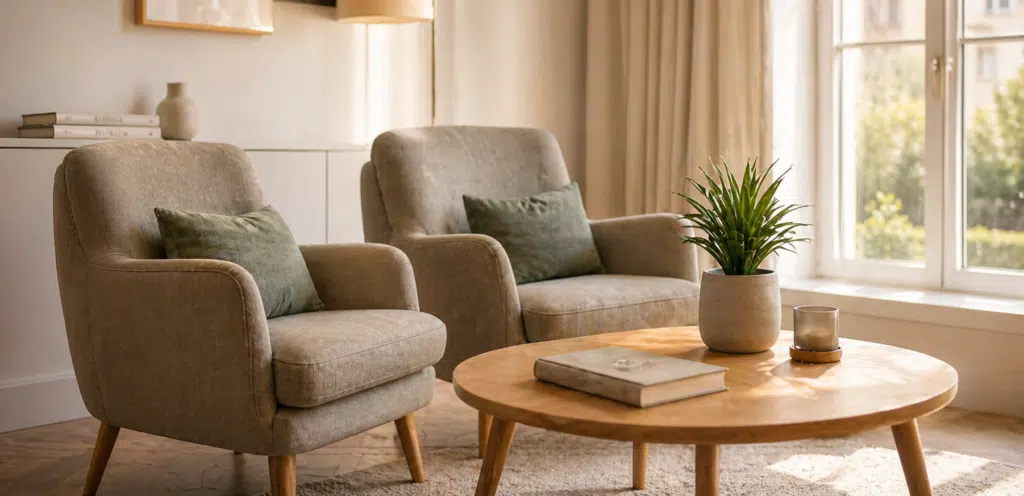 Gemütlicher Wohnbereich mit Sesseln, Couchtisch und Tageslicht als Beispiel für eine ansprechende Immobilienpräsentation, Leistungen