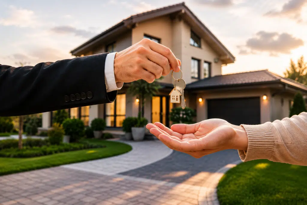 Schlüsselübergabe vor einem modernen Einfamilienhaus als Symbol für einen erfolgreichen Immobilienverkauf und die Übergabe an die neuen Eigentümer.