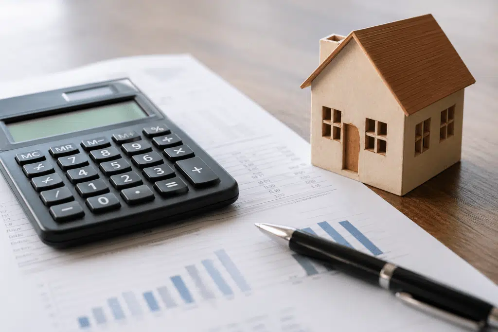 Calculator, a wooden house model, and a printed financial report with bar charts on a desk (real estate/mortgage scene). Angebotspreis
