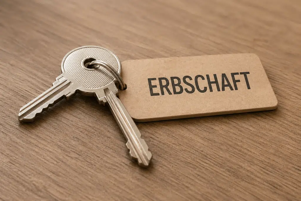 Two silver keys on a ring next to a brown tag reading 'ERBSCHAFT' on a wooden surface, indicating inheritance.