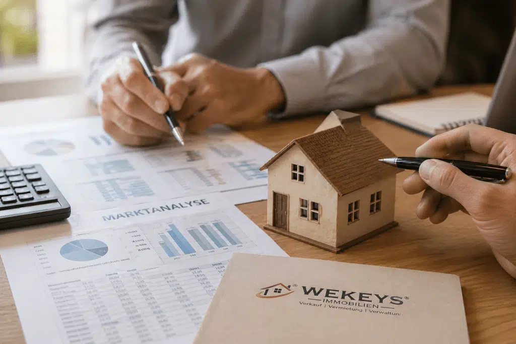Immobilienbewertung mit Hausmodell, Marktanalyse und Verkaufsunterlagen von WEKEYS Immobilien auf einem Schreibtisch.