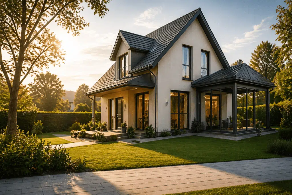 Modernes Einfamilienhaus mit gepflegtem Garten und großer Fensterfront bei Abendsonne – attraktives Beispiel für eine erfolgreiche Immobilienvermarktung, Immobilien Ratgeber