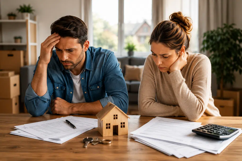 Nachdenkliches Paar sitzt mit Immobilienunterlagen, Schlüsseln und Hausmodell am Tisch und prüft Möglichkeiten zur Vermietung nach einer Trennung.