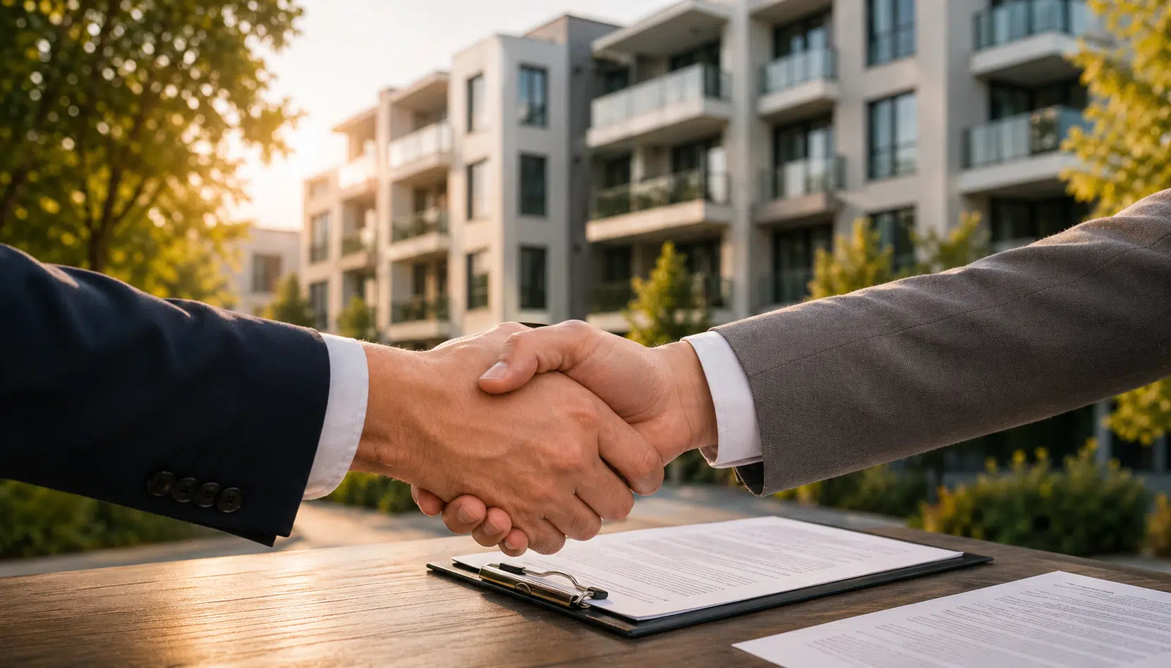 Two people in suits shake hands over a signed contract on a wooden table outdoors, with modern apartment buildings in the background, Verwalterservice