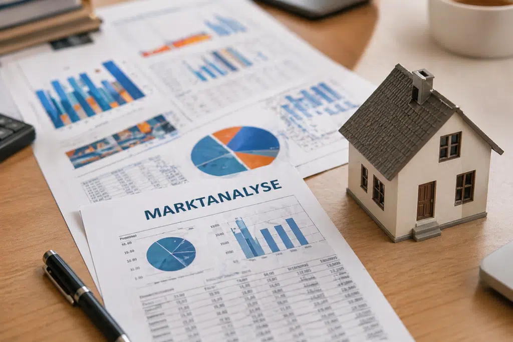 Marktanalyse für Immobilien mit Diagrammen, Kennzahlen und Hausmodell zur fundierten Immobilienbewertung, Haus Wert,