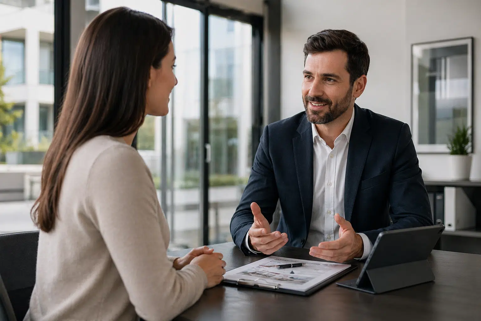 Real estate agent in conversation with a potential buyer at a meeting table. Documents and a tablet lie in front of them – a symbol of professional prospect management.