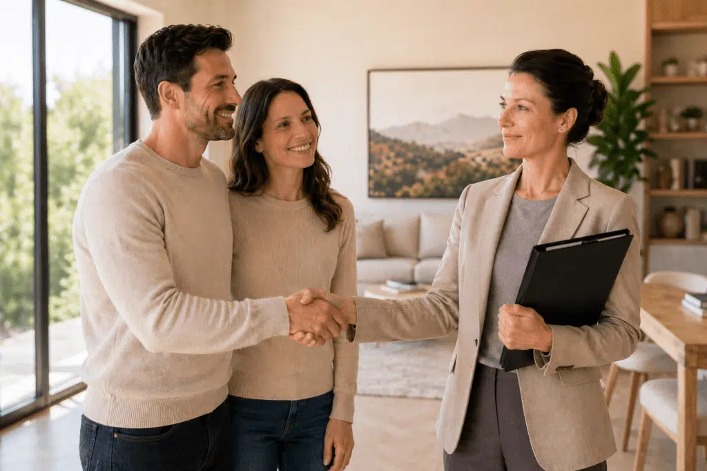 Ein Paar begrüßt eine Immobilienmaklerin per Handschlag in einer modernen Wohnung und bespricht den erfolgreichen Abschluss einer Immobilienvermittlung.