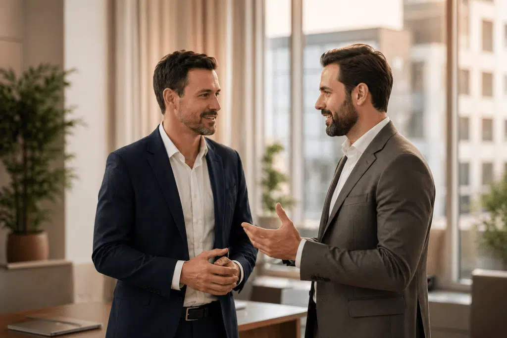 Zwei Geschäftspartner im Anzug führen ein persönliches Beratungsgespräch in einem modernen Büro – Symbol für Erfahrung, Vertrauen und professionelle Immobilienberatung.