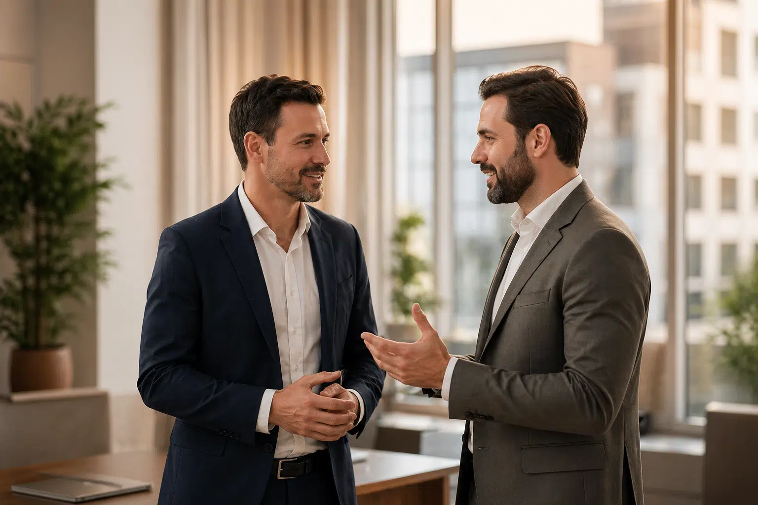 Zwei Immobilienexperten im persönlichen Beratungsgespräch in einem modernen Büro über den Verkauf oder die Vermarktung einer Immobilie.