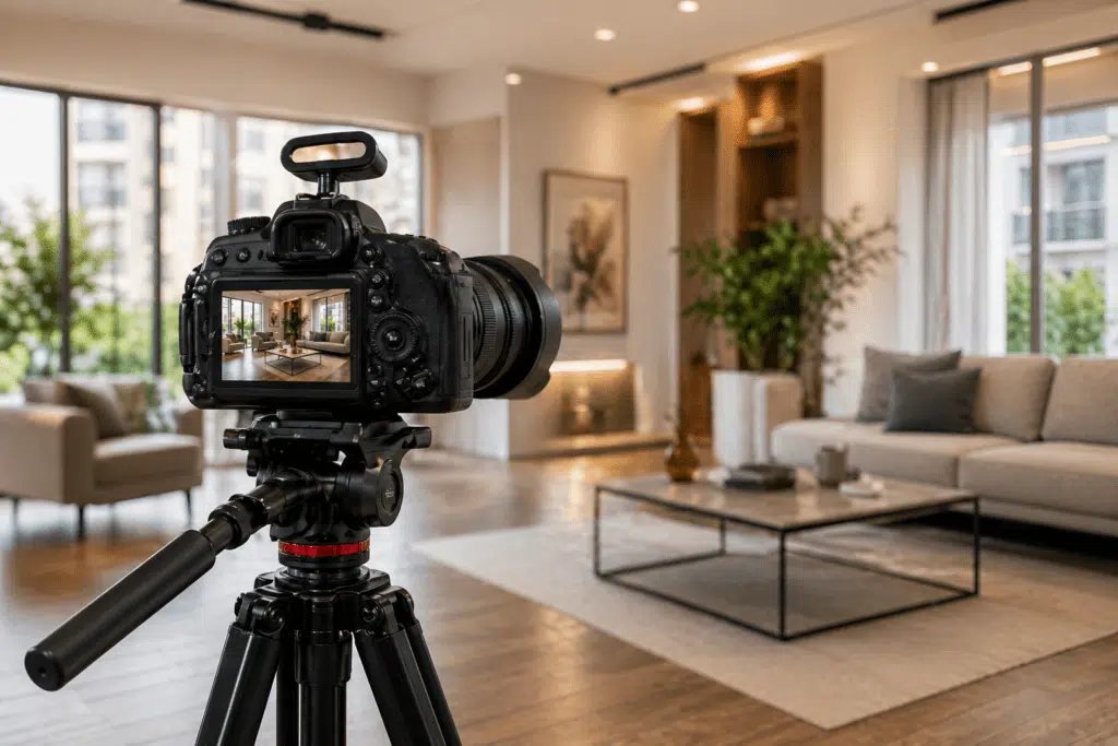 Professionelle Kamera auf Stativ fotografiert einen modernen Wohnraum für die hochwertige Präsentation einer Immobilie, Hausverkauf