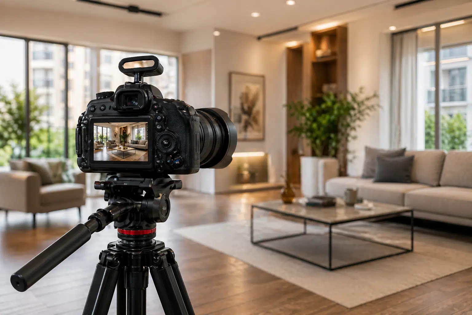 Professionelle Immobilienfotografie in einem modernen Wohnraum mit Kamera auf Stativ zur hochwertigen Präsentation einer Immobilie.