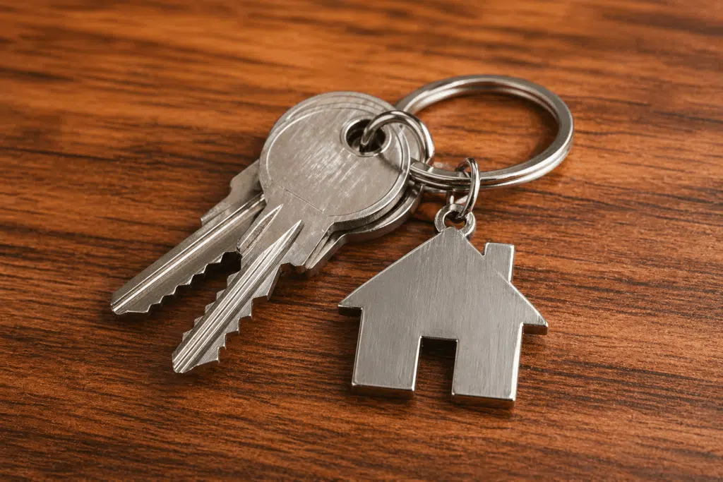 Schlüsselbund mit Hausschlüssel und Hausanhänger auf einer Holzoberfläche – Symbol für Immobilienverkauf und Eigentumsübergabe, Immobilie verkaufen