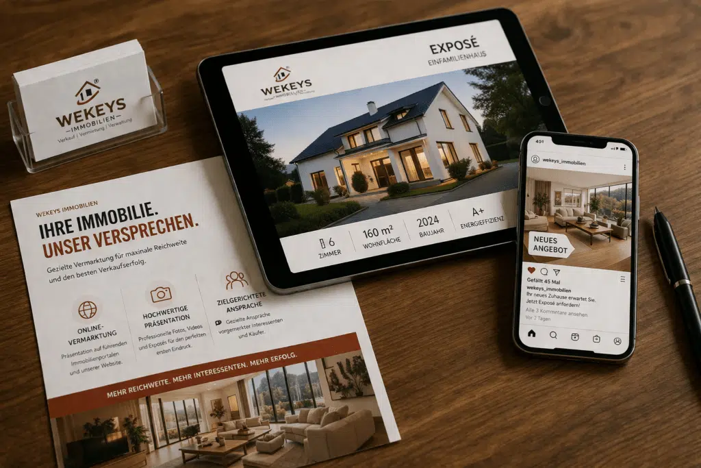 Digitale Immobilienvermarktung mit Exposé auf Tablet, Immobilienanzeige auf Smartphone und WEKEYS-Verkaufsunterlagen auf einem Schreibtisch, Immobilienverkauf