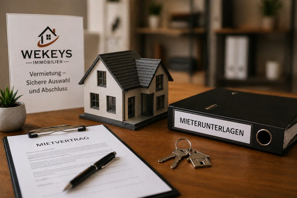 Schreibtischszene mit Mietvertrag, Schlüsselbund, Hausmodell und Mieterunterlagen sowie WEKEYS-Informationsaufsteller zur professionellen Vermietung von Immobilien.