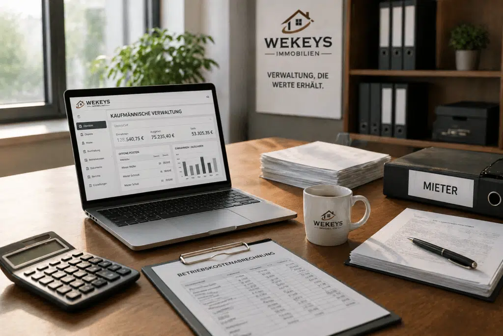 Arbeitsplatz einer Immobilienverwaltung mit Laptop, Unterlagen und Finanzübersichten zur kaufmännischen Verwaltung von Mietobjekten.