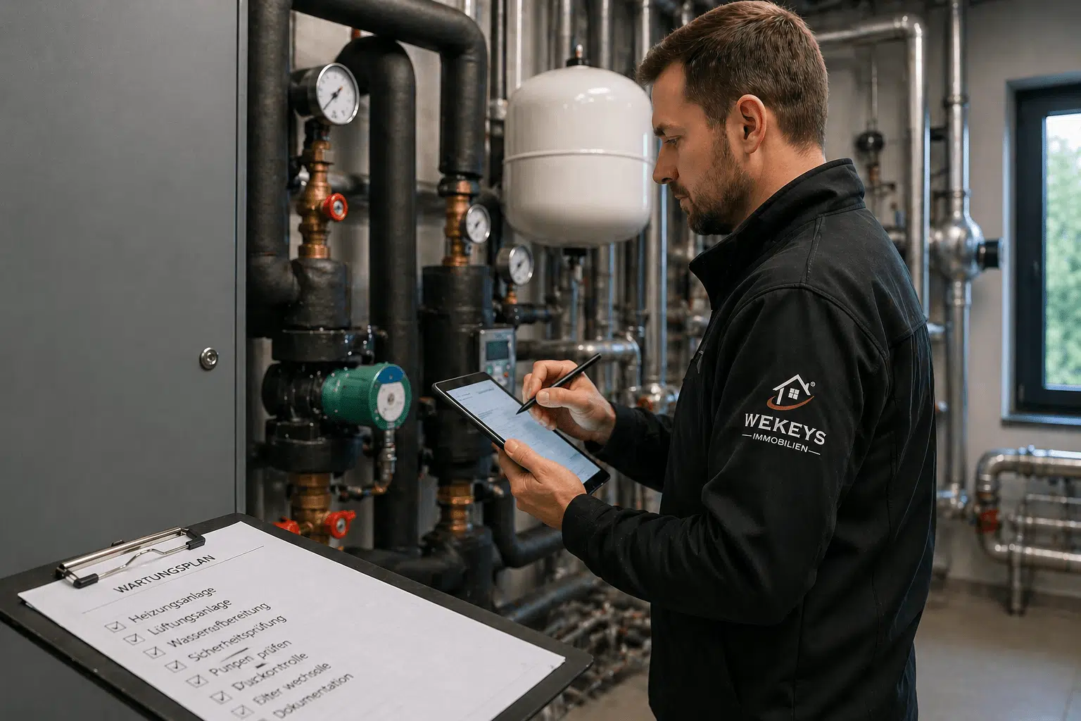 Technischer Mitarbeiter prüft eine Heizungsanlage in einem Technikraum und dokumentiert Wartungsarbeiten digital auf einem Tablet.