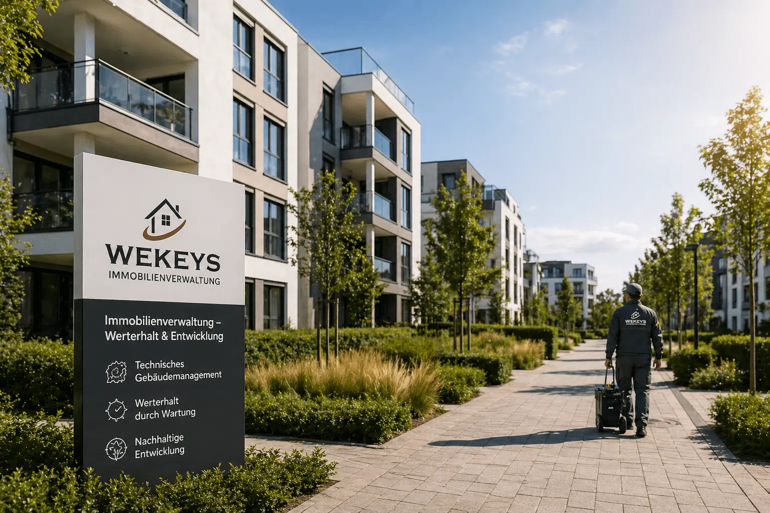 Moderne Wohnanlage mit gepflegten Außenanlagen und einem Mitarbeiter der Immobilienverwaltung bei der Objektbetreuung vor Ort.