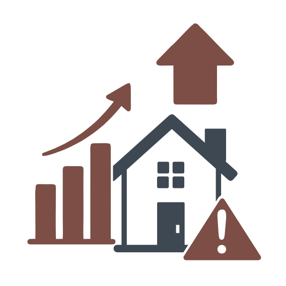 Illustration of a house with rising bars and an upward arrow, plus a warning sign indicating rising real estate prices and potential risk.