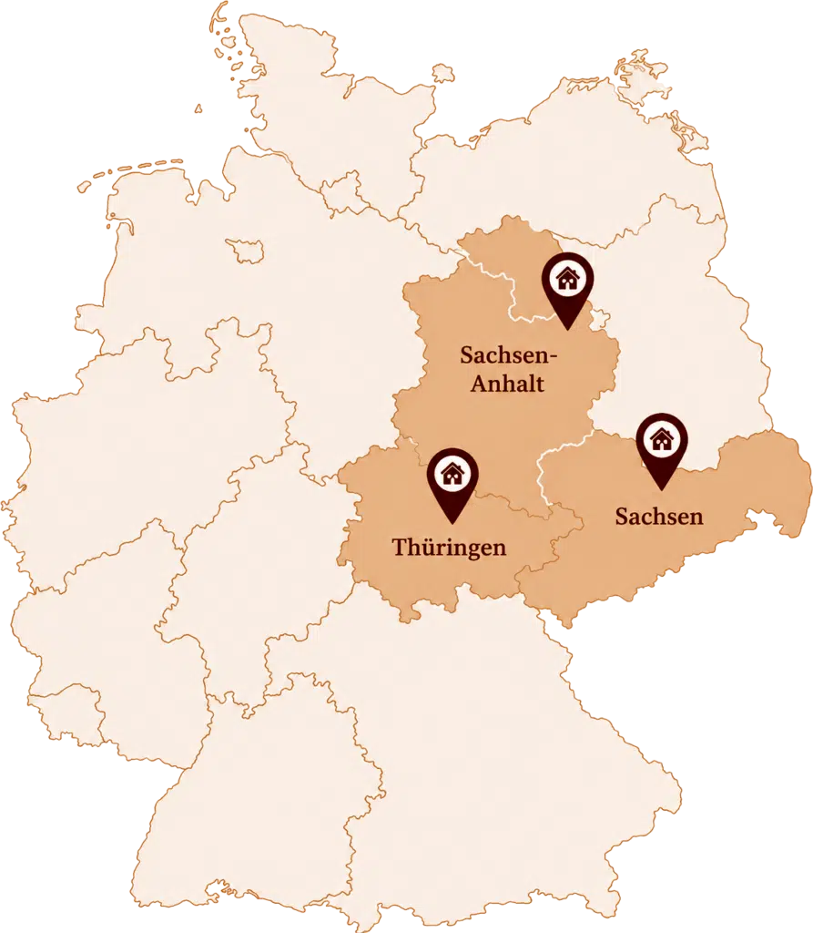 Deutschlandkarte mit hervorgehobenen Bundesländern Thüringen, Sachsen und Sachsen-Anhalt als regionale Tätigkeitsgebiete im Immobilienbereich.