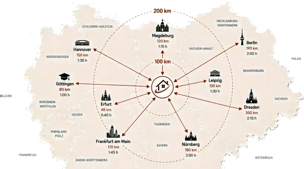 Deutschlandkarte mit zentralem WEKEYS-Standort und Darstellung wichtiger Städte, Entfernungen sowie Fahrzeiten im Umkreis von 100 bis 200 Kilometern, Hausbewertung, Scheidung, Trennung Haus Verkauf, Haus Verkauf Scheidung, Immobilienmakler, Top Immobilienmakler Thüringen, Bester Immobilienmakler Thüringen, Guter Immobilienmakler Thüringen, Top Immobilienmakler Sachsen-Anhalt, Bester Immobilienmakler Sachsen-Anhalt, Guter Immobilienmakler Sachsen-Anhalt, Bester Immobilienmakler Sachsen, Immobilienmakler Thüringen, Immobilienmakler Sachsen, Immobilienmakler Sachsen-Anhalt, Immobilienvermittlung, Immobilie verkaufen, Haus verkaufen, Wohnung verkaufen, Immobilienbewertung, Immobilien bewerten, Haus geerbt verkaufen, geerbte Immobilie verkaufen, Haus geerbt was tun, Erbimmobilie verkaufen, geerbtes Haus verkaufen, Haus aus Erbschaft verkaufen, Immobilie nach Erbschaft, Erbschaft Haus, Immobilienmakler Erbimmobilie, Immobilie bei Trennung, Haus bei Trennung, gemeinsames Haus Trennung, Haus nach Trennung, Partner auszahlen Haus, Immobilie Scheidung, Haus übernehmen nach Trennung, Haus verkaufen nach Trennung, Makler Thüringen, Makler Sachsen, Makler Sachsen-Anhalt, Immobilienmakler Erfurt, Immobilienmakler Apolda, Immobilienmakler Sangerhausen, Immobilienmakler Sondershausen, Immobilienmakler Artern, Immobilienmakler Gotha, Immobilienmakler Dresden, Immobilienmakler Leipzig, Immobilienmakler Chemnitz, Immobilienmakler Zwickau, Immobilienmakler Plauen, Immobilienmakler Görlitz, Immobilienmakler Freiberg, Immobilienmakler Zittau, Immobilienmakler Magdeburg, Immobilienmakler Halle, Immobilienmakler Dessau-Roßlau, Immobilienmakler Wittenberg, Immobilienmakler Halberstadt, Immobilienmakler Naumburg, Immobilienmakler Merseburg, Immobilienmakler Weimar, Immobilienmakler Sömmerda, Immobilienmakler Kölleda, Mehrfamilienhaus verkaufen, Grundstück verkaufen, Vermietung, Mietverwaltung, Immobilie geerbt, Trennung Immobilie, Haus verkaufen Thüringen, Wohnung verkaufen Thüringen, Immobilie kostenlos bewerten, Kostenlose Immobilienbewertung, Haus bewerten lassen, Immobilienmakler Mitteldeutschland, Immobilie verkaufen Erfurt, Immobilie verkaufen Weimar, Immobilie verkaufen Sömmerda, Immobilienmakler in der Nähe, Immobilie schnell verkaufen, Immobilie stressfrei verkaufen, WEKEYS, WEKEYS Immobilien, WEKEYS Immobilien GmbH, WEKEYS Immobilienmakler, WEKEYS Immobilienbewertung, Haus verkaufen Sachsen, Haus verkaufen Sachsen-Anhalt, Haus bei Trennung verkaufen, Haus bei Scheidung verkaufen
