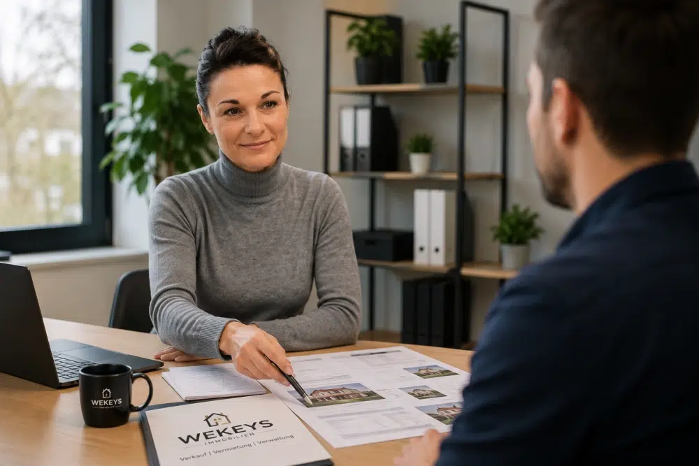 A real estate agent explains various property offers and documents to a client during a personal consultation in the office.