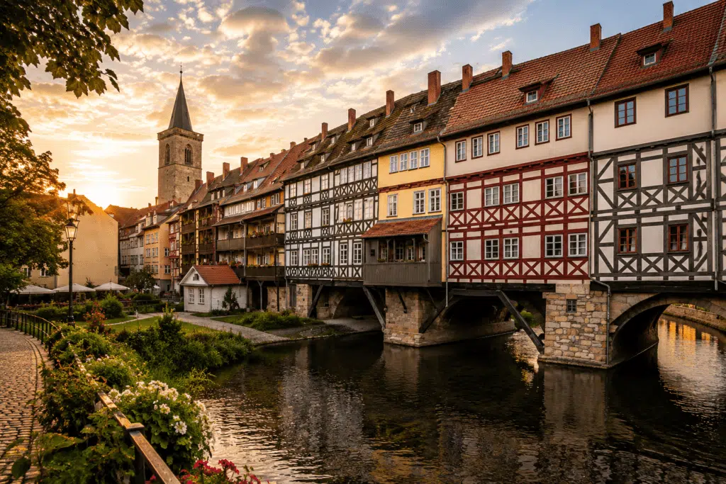 Historische Krämerbrücke in Erfurt mit ihren charakteristischen Fachwerkhäusern über dem Fluss bei stimmungsvoller Abendsonne, Immobilienmakler in Erfurt Altstadt