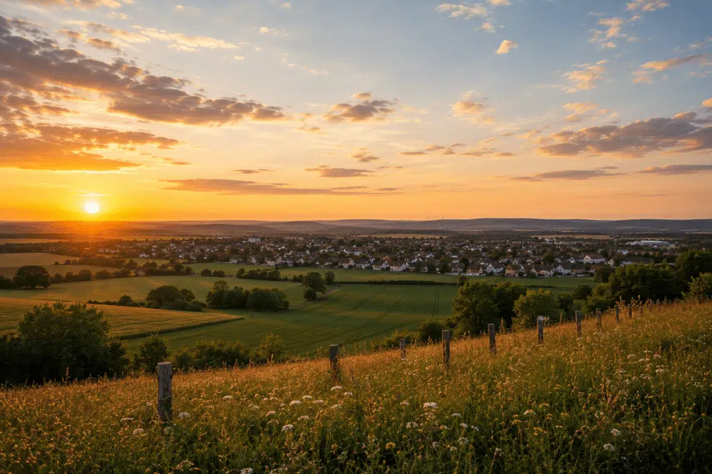 Panoramablick über Kölleda bei Sonnenuntergang mit weitläufigen Feldern, grünen Wiesen und der Stadt im Hintergrund.
