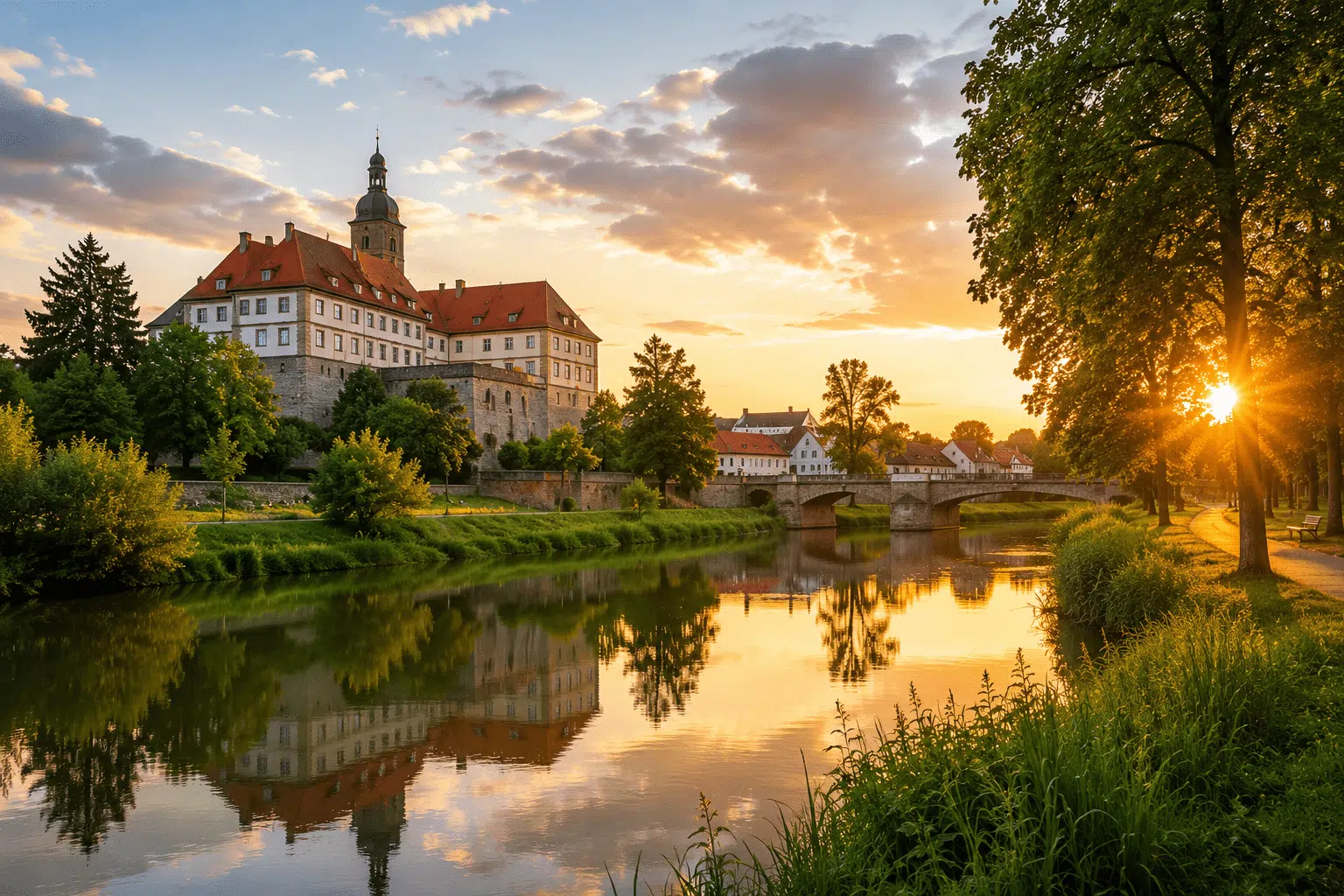 Historisches Schloss an einem Fluss im Landkreis Sömmerda, umgeben von Parkanlagen und einer steinernen Brücke im warmen Licht des Sonnenuntergangs.