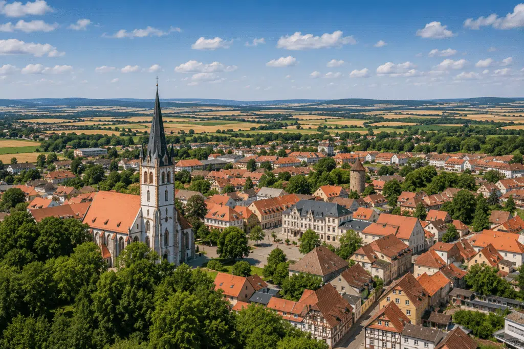 Luftaufnahme einer historischen Kleinstadt im Landkreis Sömmerda mit markanter Kirche, roten Dächern und weitläufiger Thüringer Kulturlandschaft im Hintergrund, Immobilienmakler im Landkreis Sömmerda