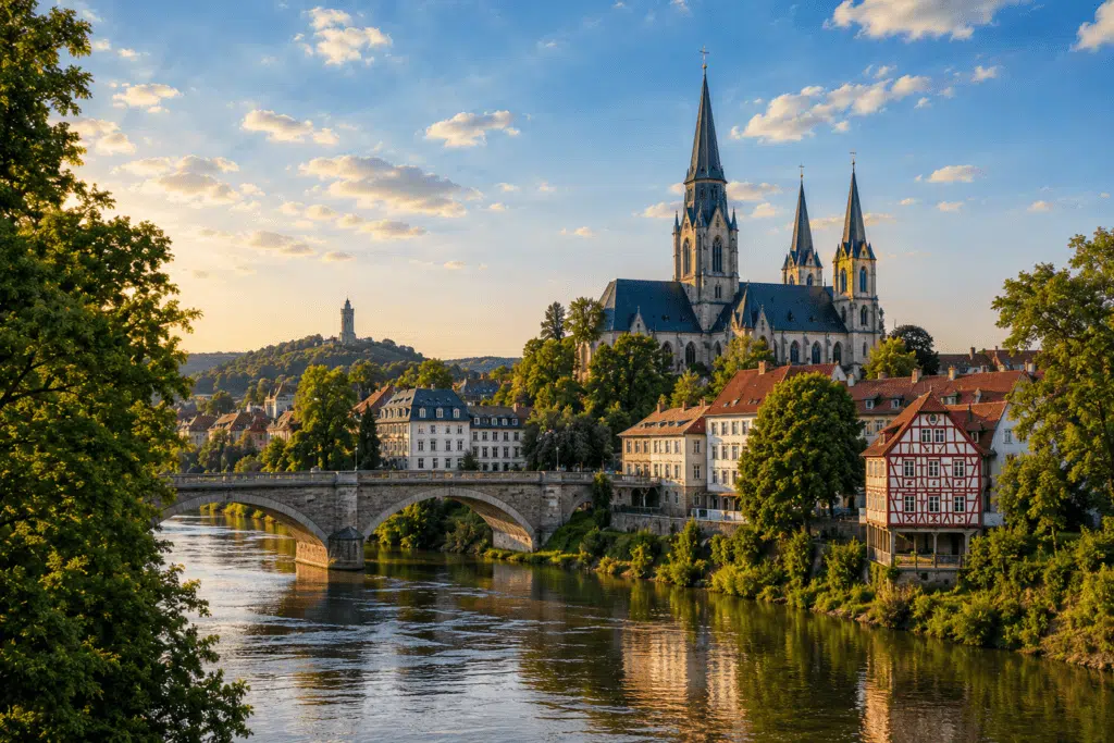 Historische Stadtansicht in Mittelthüringen mit Fluss, Steinbrücke, markanter Kirche und der Wartburg im Hintergrund bei Abendlicht, Immobilienmakler in Mittelthüringen, Immobilienmakler Sömmerda, Immobilienmakler Jena, Immobilienmakler Ilmkreis, Immobilienmakler Weimar, Immobilienmakler Thüringen, Immobilienmakler Mitteldeutschland, WEKEYS Immobilienmakler, Makler Landkreis Sömmerda, Immobilienmakler in Mittelthüringen, Immobilien verkaufen Sömmerda, Makler für Häuser Kölleda, Immobilienmakler Erfurt, Immobilienmakler Artern