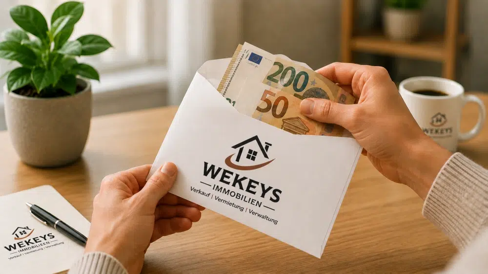 Tippgeber I Profitieren Sie von unserem Tippgeber-Programm 4 HHände halten einen Briefumschlag mit Bargeld und Immobilienlogo. Die Szene symbolisiert den Erhalt einer Provision oder die Auszahlung eines finanziellen Vorteils im Immobilienbereich.