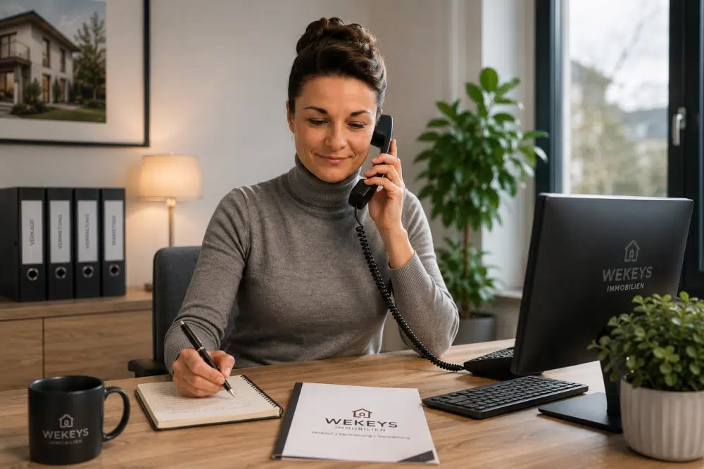 Immobilienberaterin telefoniert an ihrem Schreibtisch und macht sich Notizen. Im Hintergrund sind Unterlagen und ein Arbeitsplatz mit Immobilienbezug zu sehen.