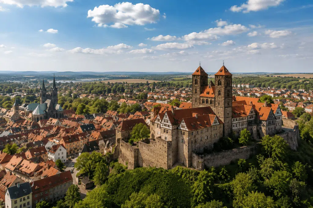 Historische Altstadt in Sachsen-Anhalt mit imposanter Burganlage auf einem Hügel, umgeben von Fachwerkhäusern und einer weitläufigen Kulturlandschaft, Immobilienmakler in Sachsen-Anhalt