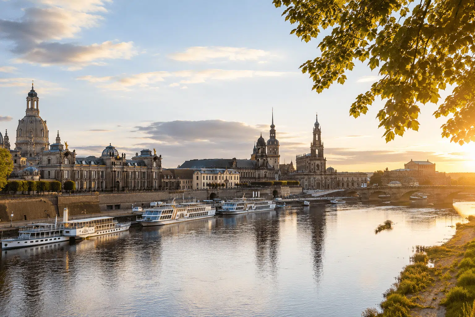 Historische Dresdner Altstadt an der Elbe mit berühmten Barockbauwerken, Brücke und Ausflugsschiffen im warmen Abendlicht, Immobilienmakler in Sachsen