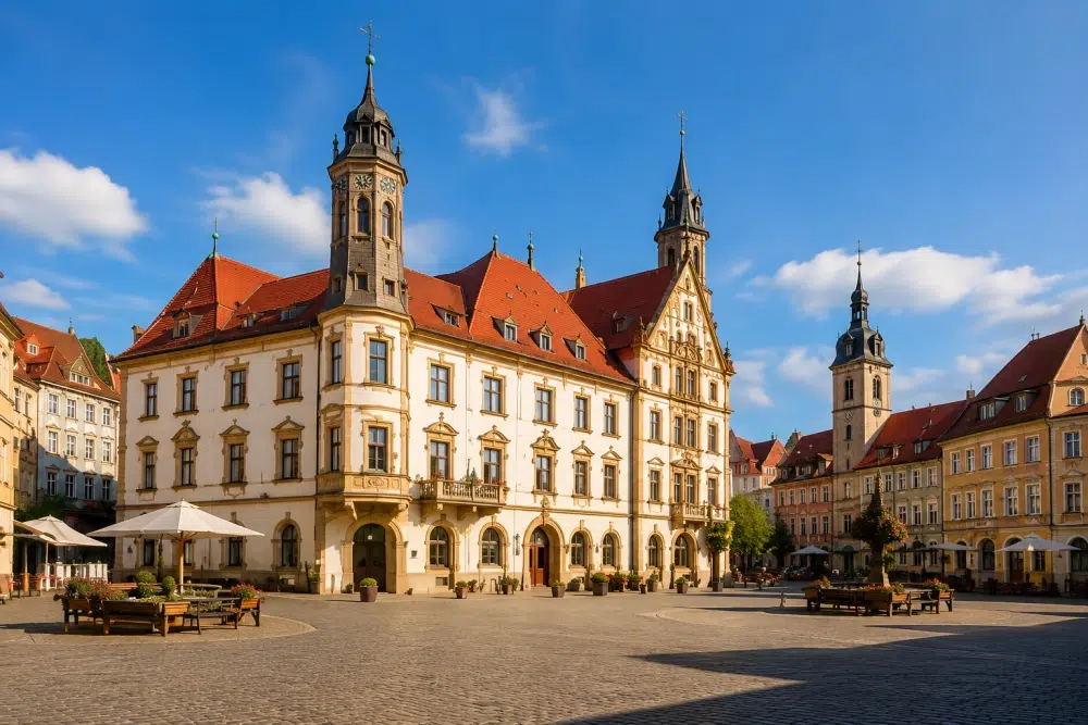 Historischer Marktplatz in Sangerhausen mit prächtigem Rathaus, umgeben von restaurierten Altstadthäusern und Kirchtürmen unter blauem Himmel, Immobilienmakler in Sangerhausen
