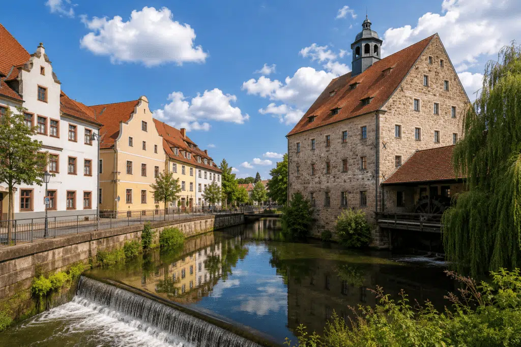 Historische Wassermühle an einem Flusslauf in Sömmerda mit Fachwerk- und Sandsteingebäuden unter blauem Himmel.