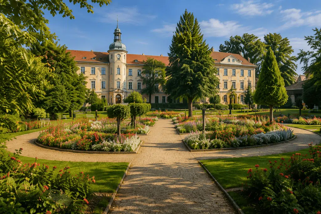 Historischer Schlosspark in Sondershausen mit gepflegten Blumenbeeten, symmetrischen Wegen und dem Residenzschloss im Hintergrund, Immobilienmakler in Sondershausen