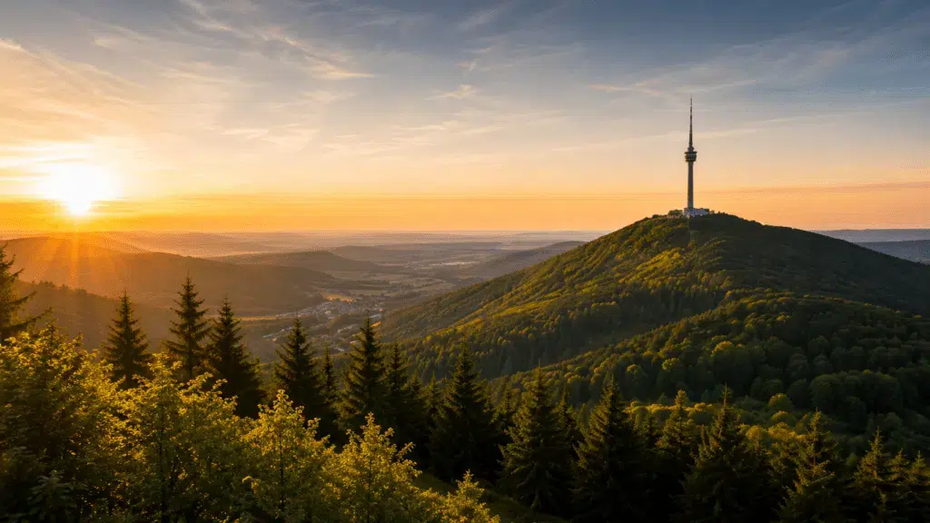 Panoramablick über die bewaldeten Höhen Thüringens bei Sonnenuntergang mit Fernmeldeturm auf einem Berggipfel und weitläufigen Tälern.